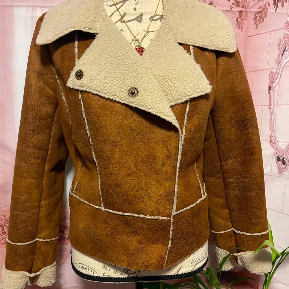 Xhilaration faux Sueded Shearling Collared Coat w 4 Bronze Buttons